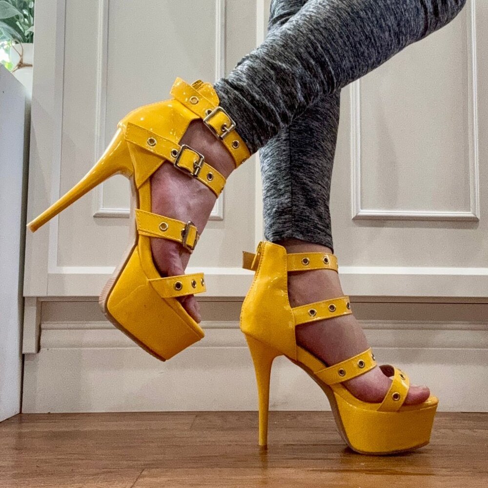 Yellow Patent Leather Buckle Straps Sexy Stiletto Platform High Heel Pumps Sz 7